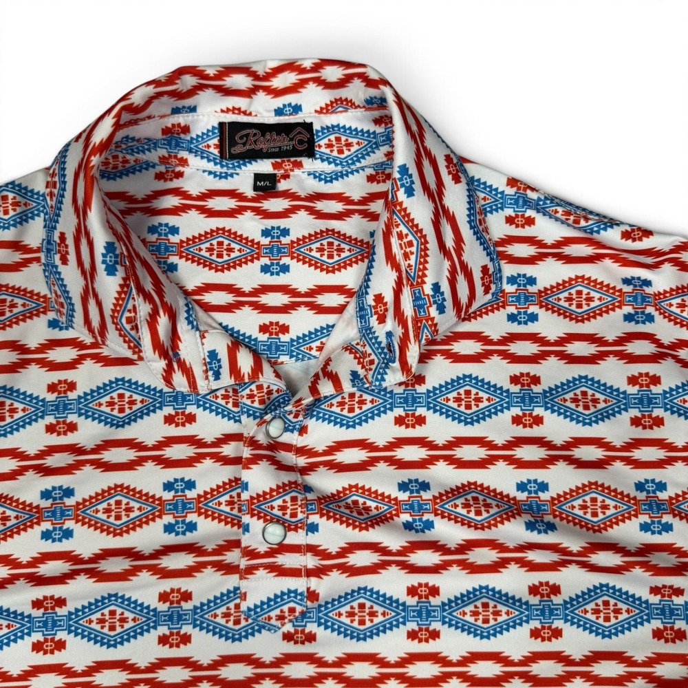 Rafter C Mens Southwestern Geometric Print Polo Shirt Red Blue White Size M/L